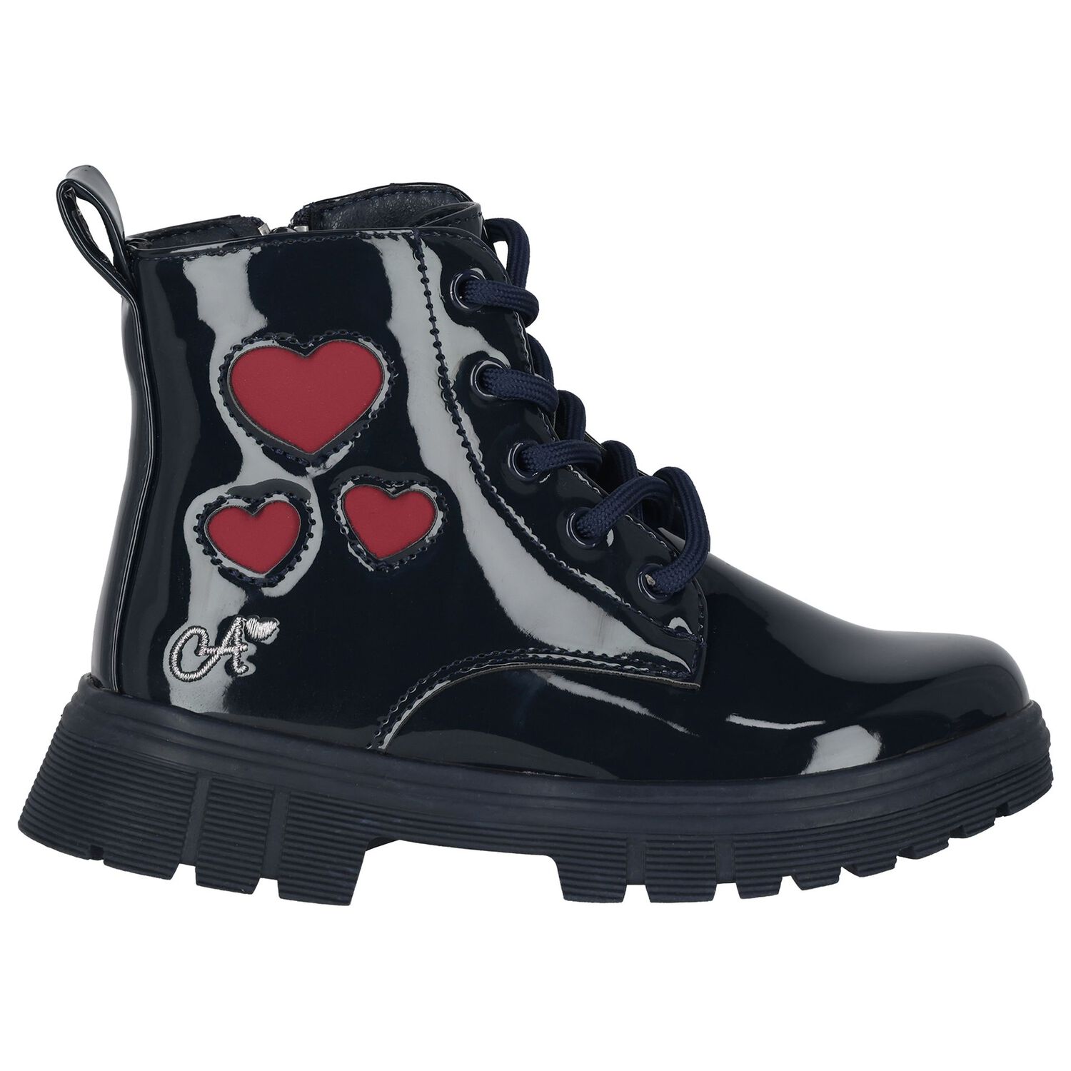 Girls Navy Blue Heart Patent Boots, 1, hi-res