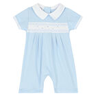 Baby Boys Blue & White Smocked Romper, 1, hi-res