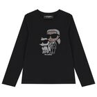 Girls Mini Me Black Ikonik Karl & Choupette Long Sleeve Top, 2, hi-res