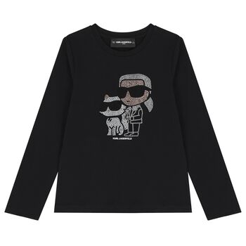 Girls Mini Me Black Ikonik Karl & Choupette Long Sleeve Top
