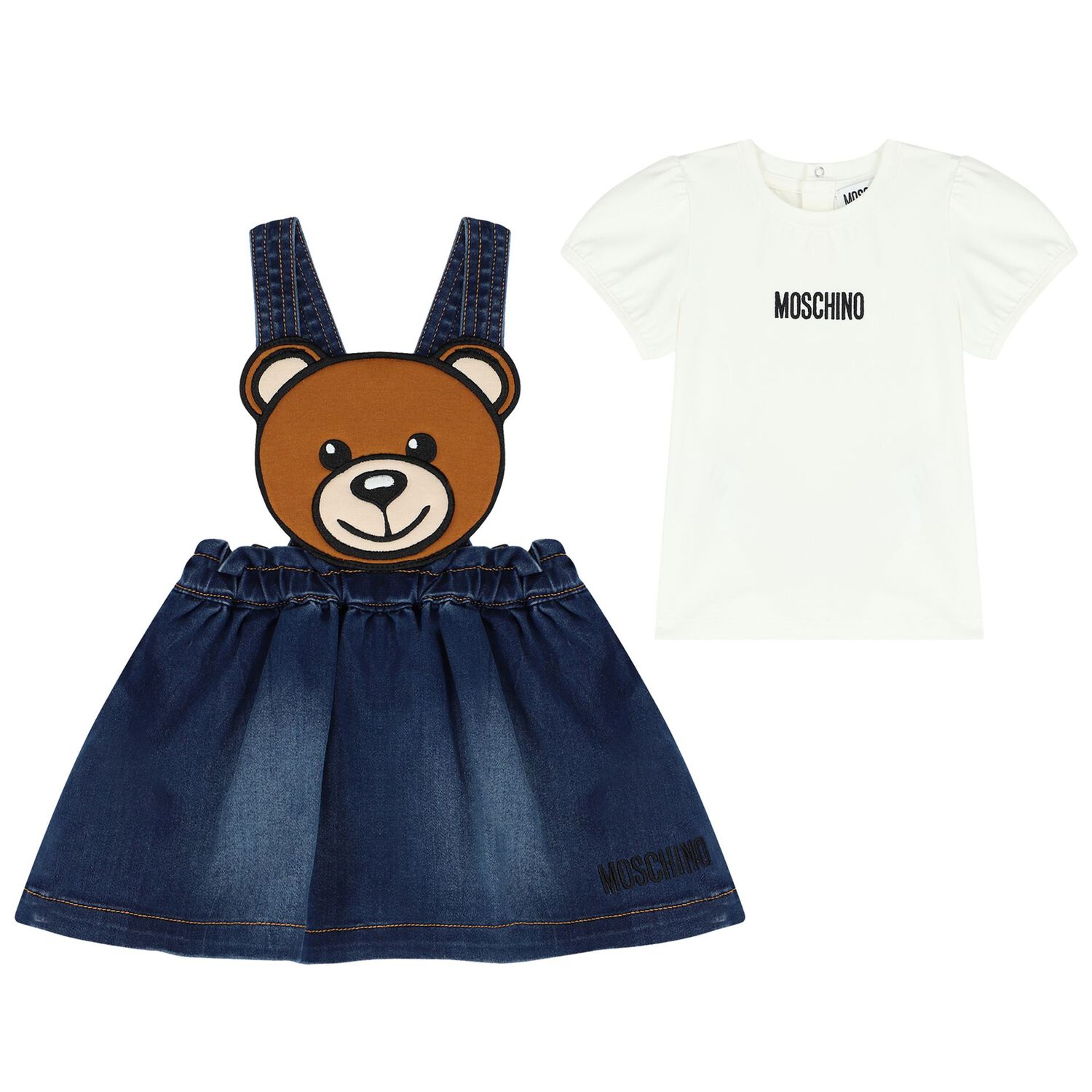 Younger Girls White & Blue Teddy Bear Skirt Set, 1, hi-res image number null