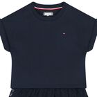 Girls Navy Blue Logo Flower Dress, 1, hi-res