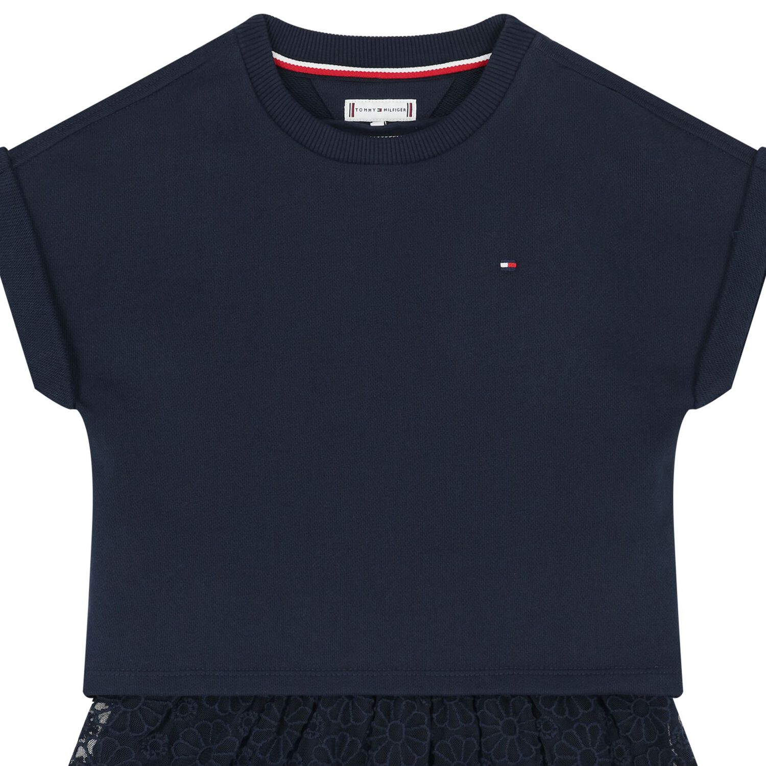 Girls Navy Blue Logo Flower Dress, 1, hi-res