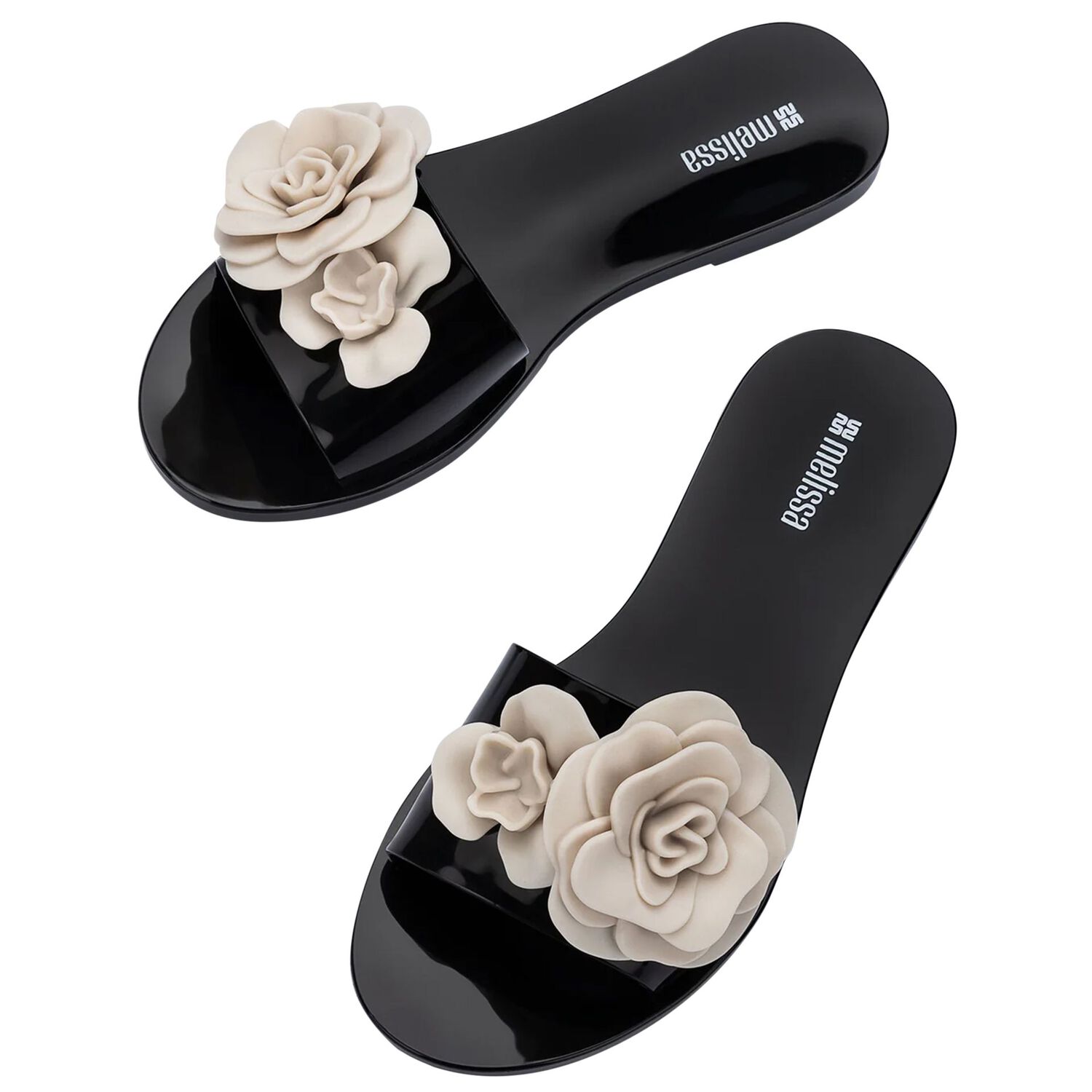 Girls Black & Beige Logo Flower Flip Flops, 1, hi-res