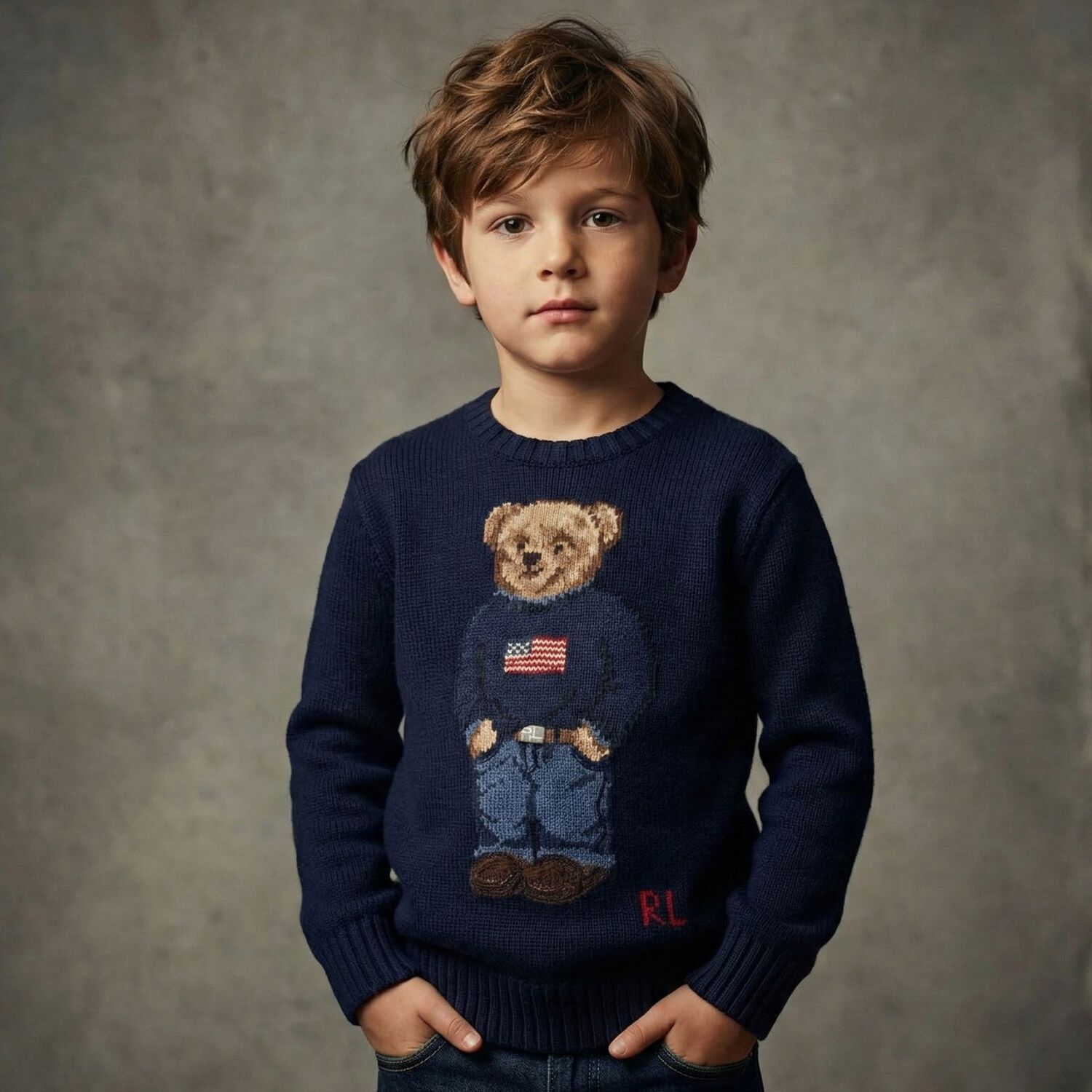 Boys Navy Blue Polo Bear Logo Knitted Sweatshirt, 1, hi-res