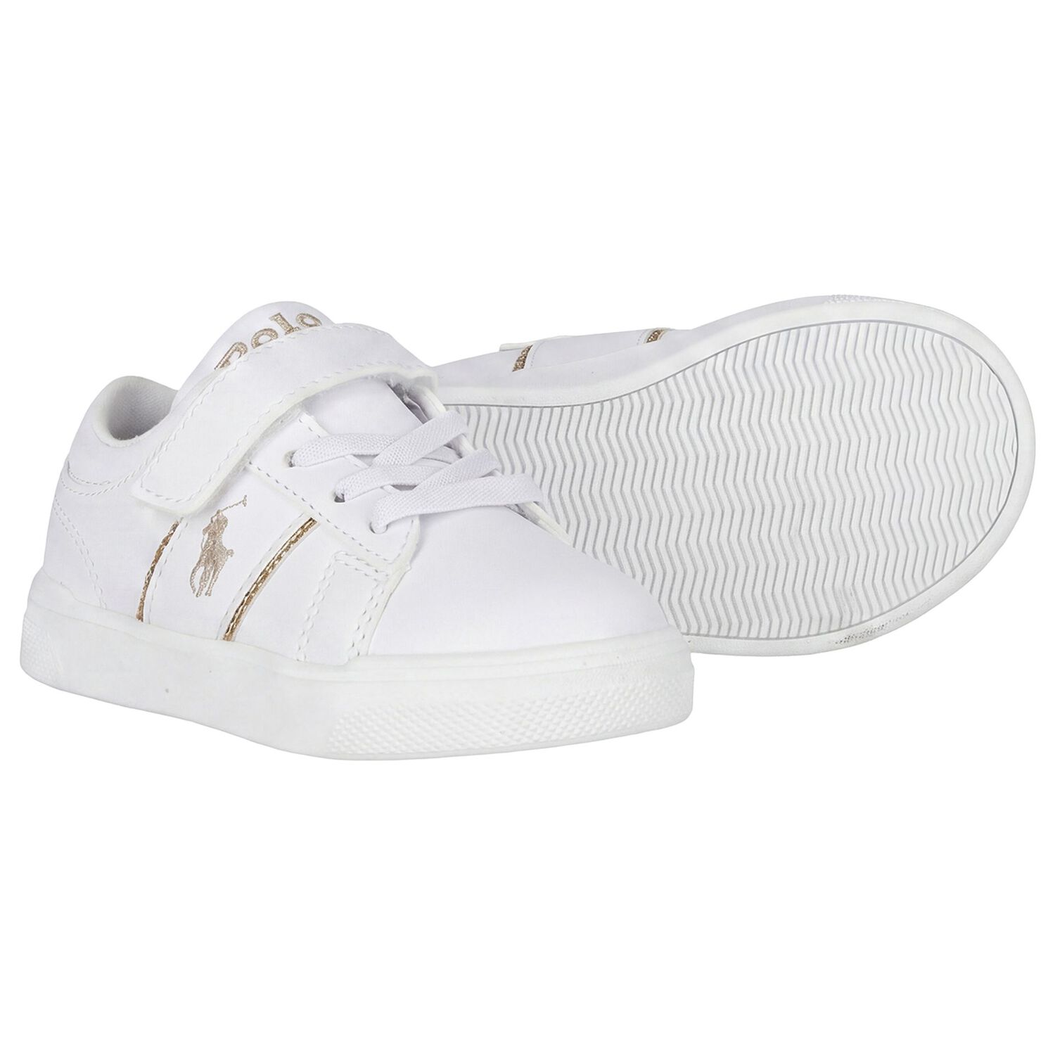 Younger Girls White & Gold Logo Trainers, 1, hi-res