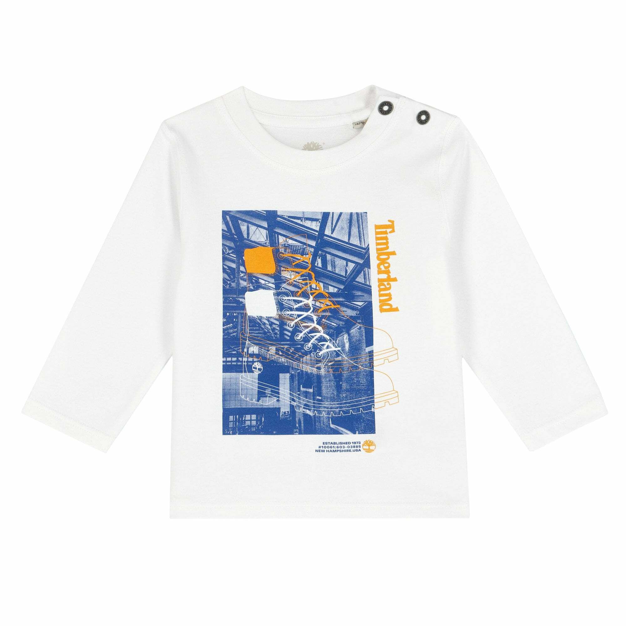 TIMBERLAND Younger Boys White Blue Logo Long Sleeve Top Junior Couture UK