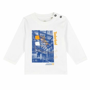 Younger Boys White & Blue Logo Long Sleeve Top