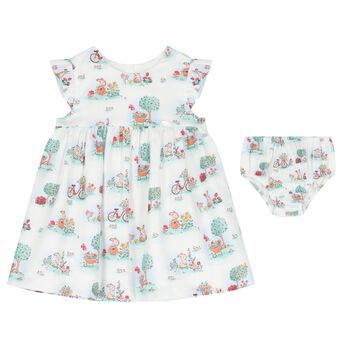 Baby Girls White & Green Rabbit Dress Set