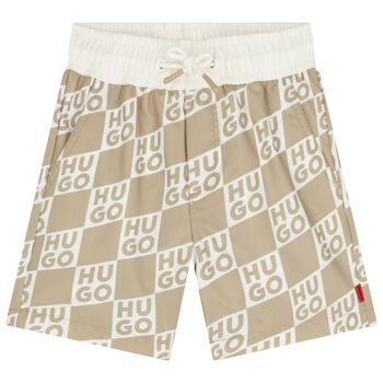 Boys Beige & White Check Logo Swim Shorts