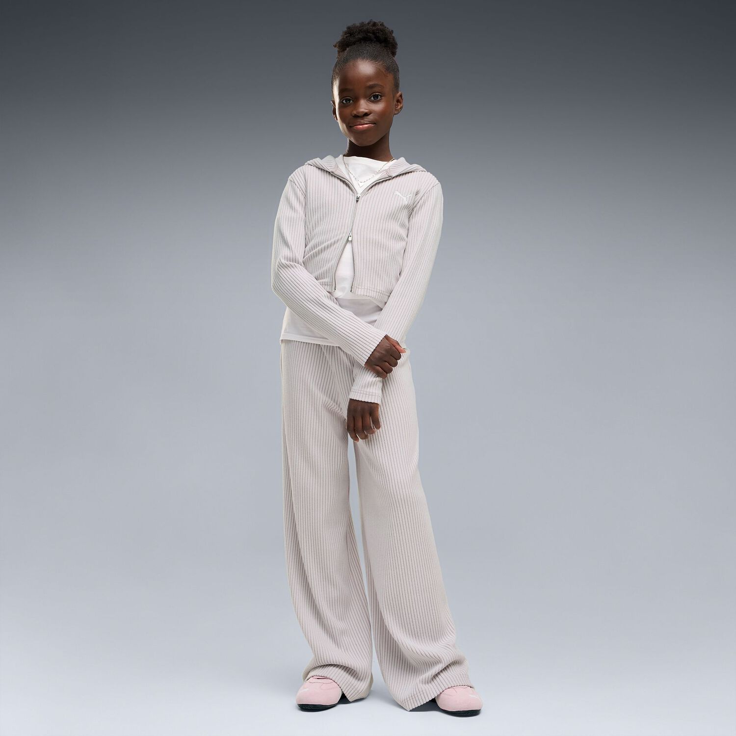 Girls Pink Ribbed Wide Leg Trousers, 1, hi-res
