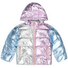 Younger Girls Pink & Blue Metallic Puffer Jacket, 1, hi-res