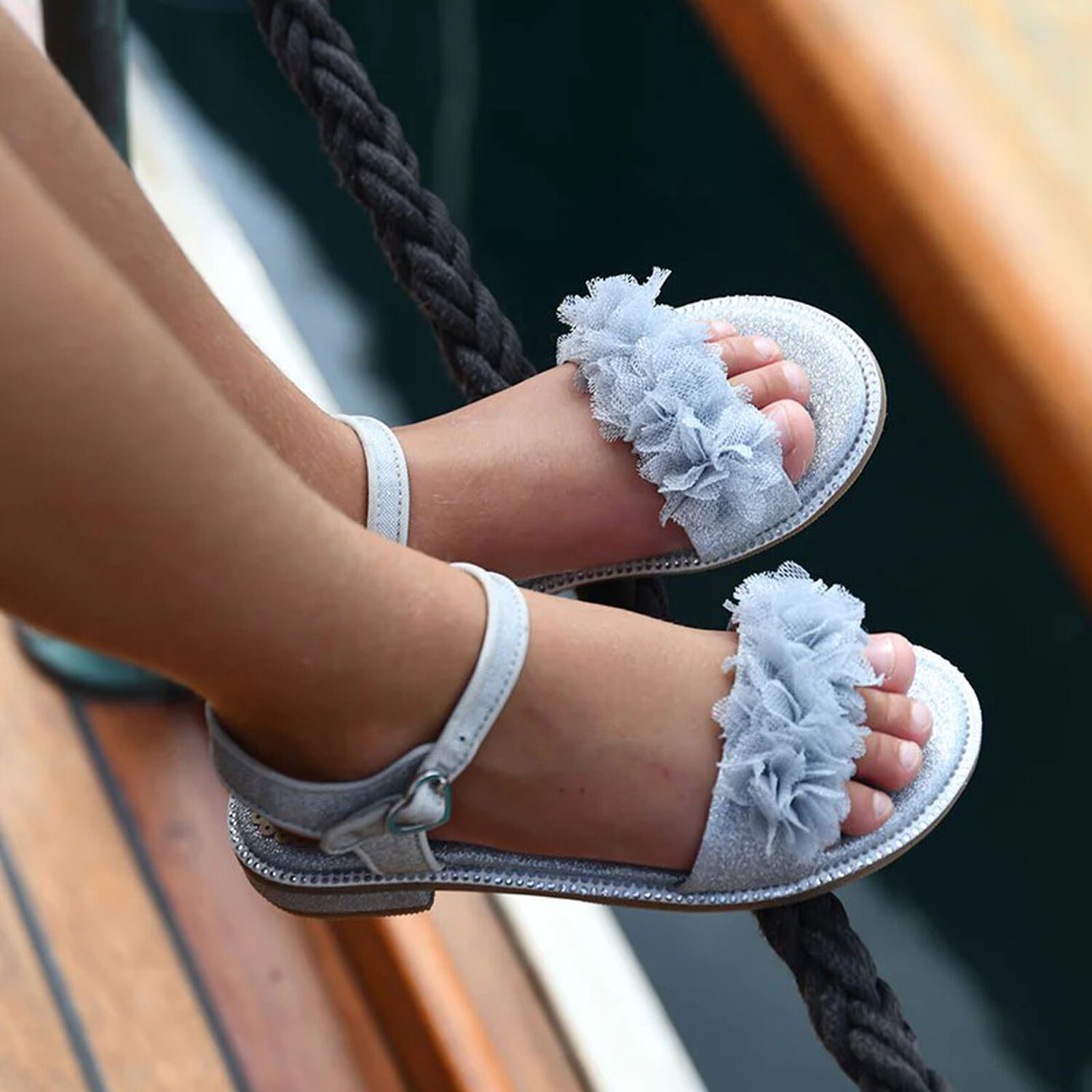 Girls Silver Flower Sandals, 2, hi-res