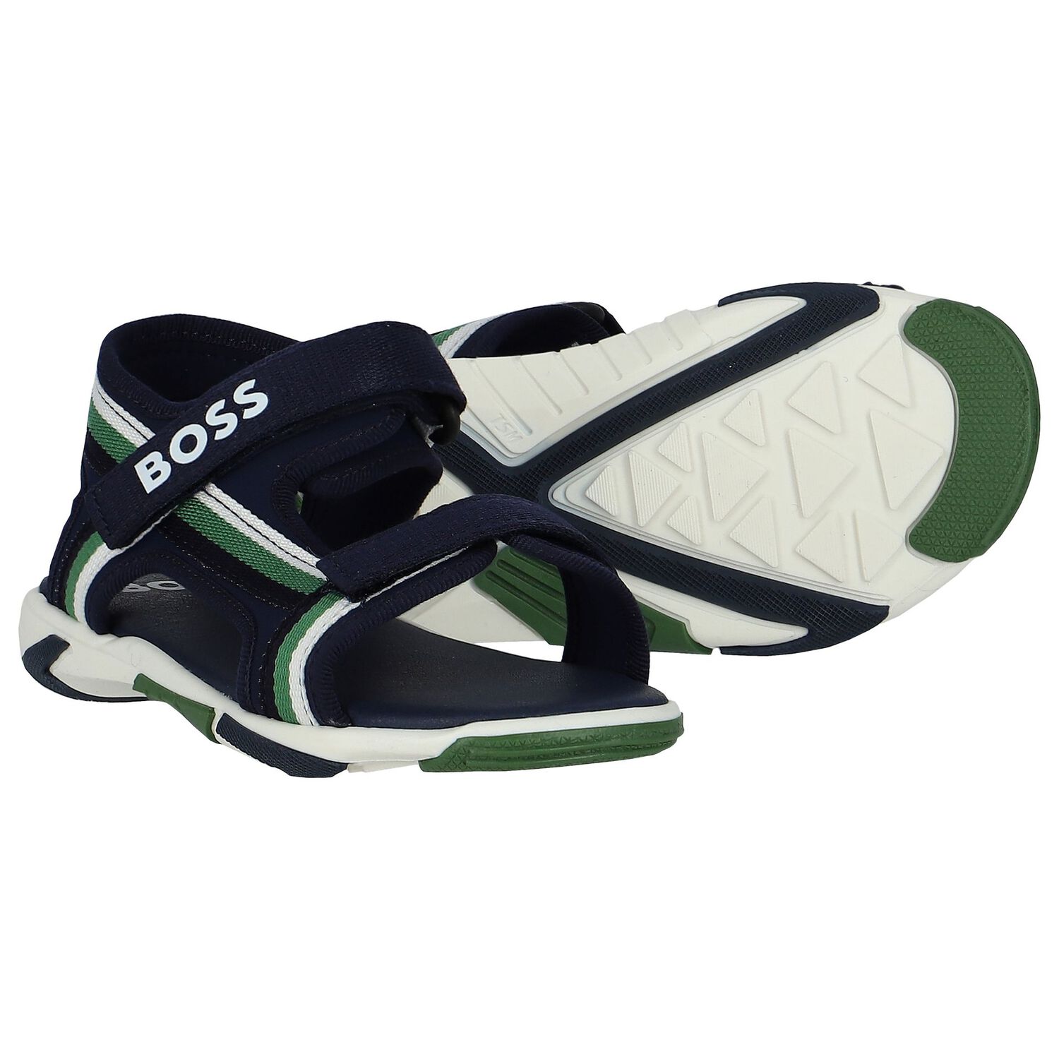 Boys White, Green & Navy Blue Logo Sandals, 2, hi-res