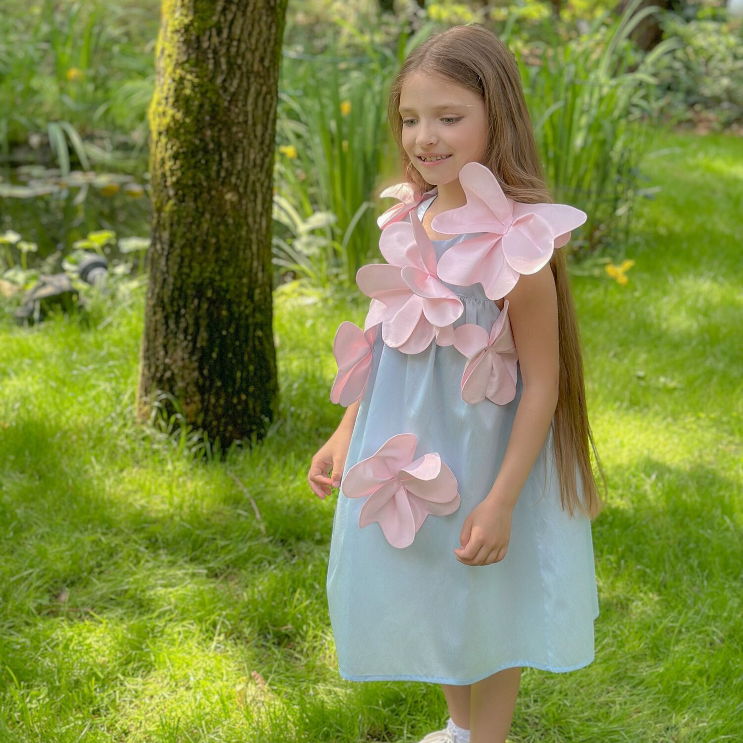 Girls Blue & Pink Flower Dress, 1, hi-res
