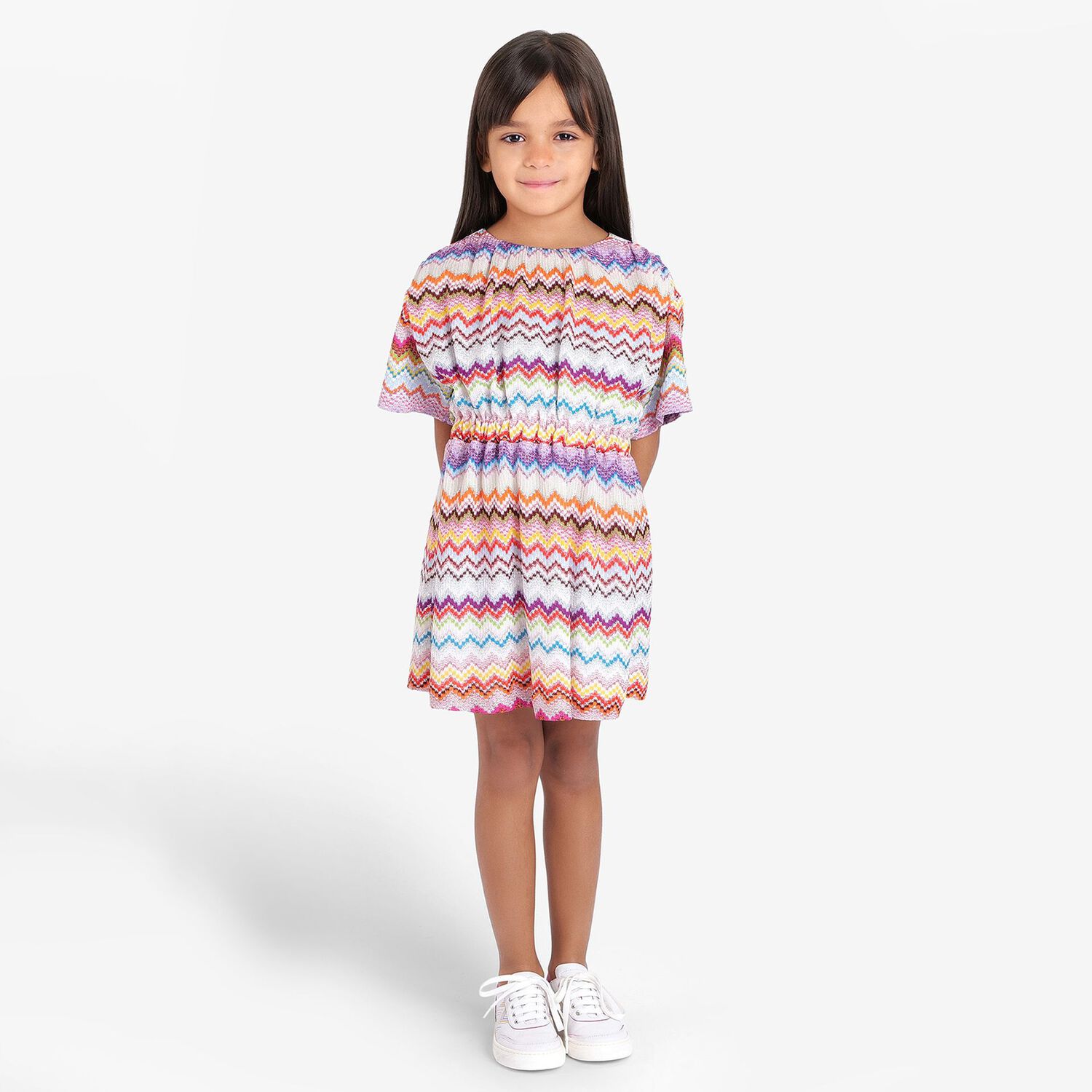 Girls Multi-Coloured Zig Zag Crochet Dress, 1, hi-res