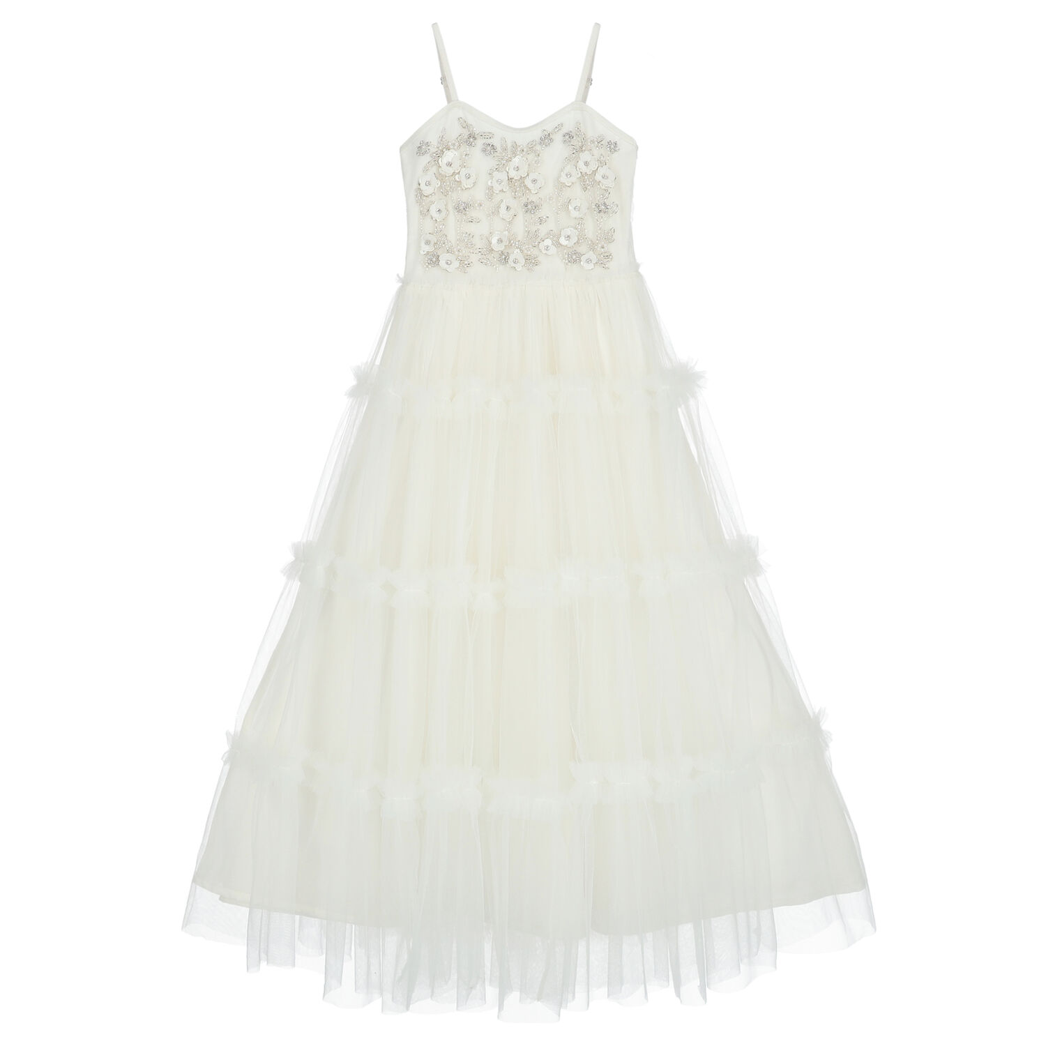 Girls Ivory Floral Tulle Dress, 1, hi-res