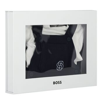 Baby Boys White & Navy Blue Logo Dungaree Set