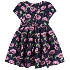 Girls Navy Blue & Pink Floral Satin Dress, 2, hi-res