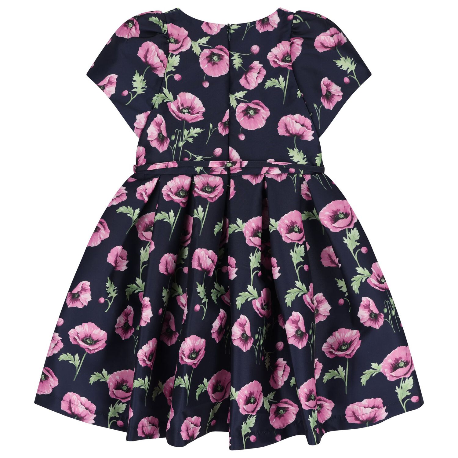 Girls Navy Blue & Pink Floral Satin Dress, 2, hi-res image number null