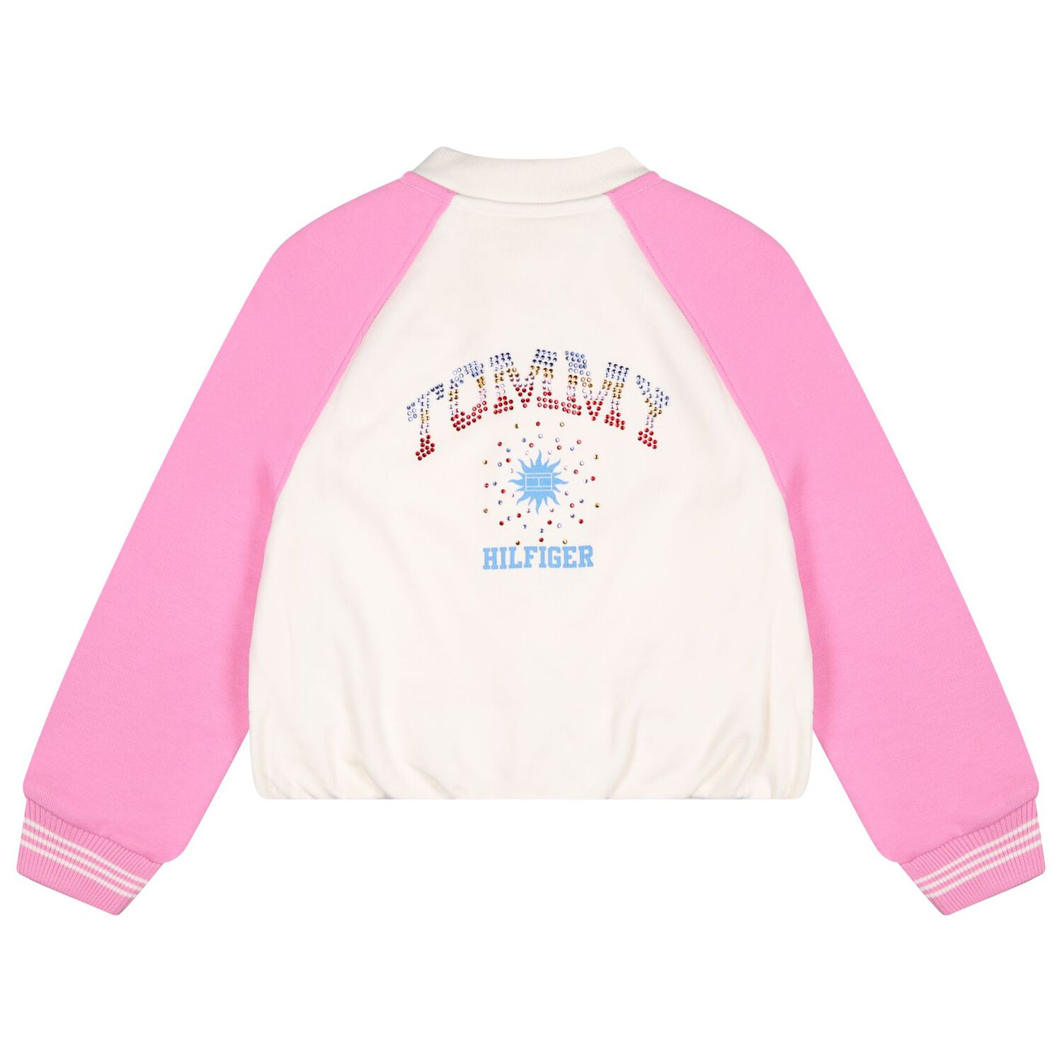 Girls Ivory & Pink Embellished Logo Bomber Jacket, 1, hi-res
