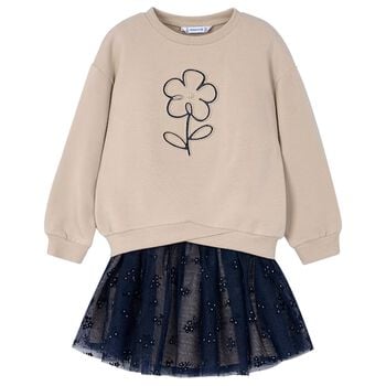Girls Beige & Navy Blue Flower Skirt Set