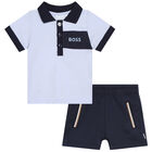 Baby Boys Blue Logo Polo Shorts Set, 1, hi-res