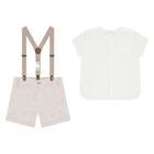 Baby Boys Beige & White Shorts Set, 1, hi-res