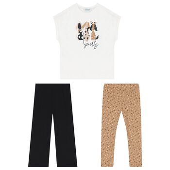 Girls Ivory, Beige & Black Leggings Set