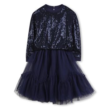 Girls Navy Blue Embellished Tulle Dress