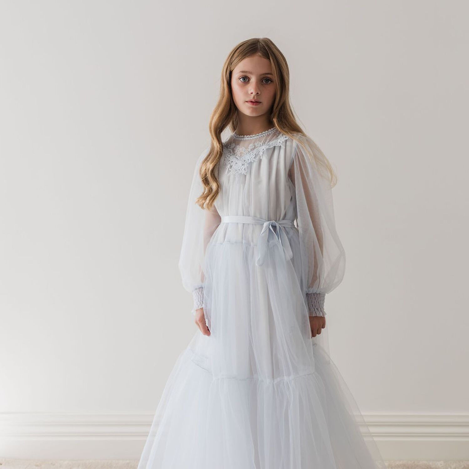 Girls Blue Tulle & Lace Dress, 1, hi-res