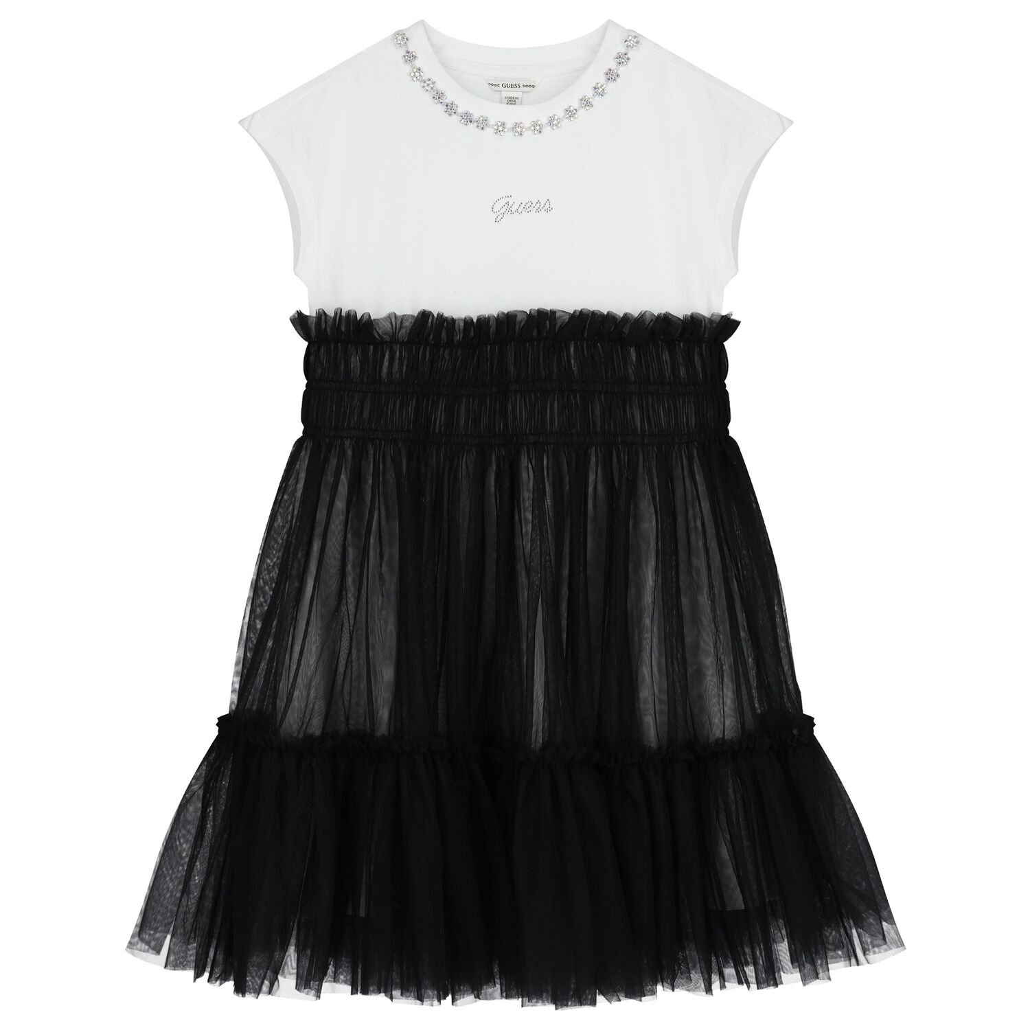 Girls White & Black Diamante Tulle Dress, 1, hi-res