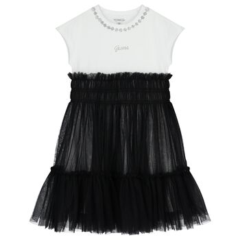 Girls White & Black Diamante Tulle Dress