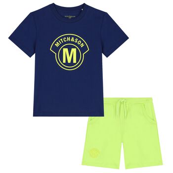 Boys Navy Blue & Green Logo Shorts Set