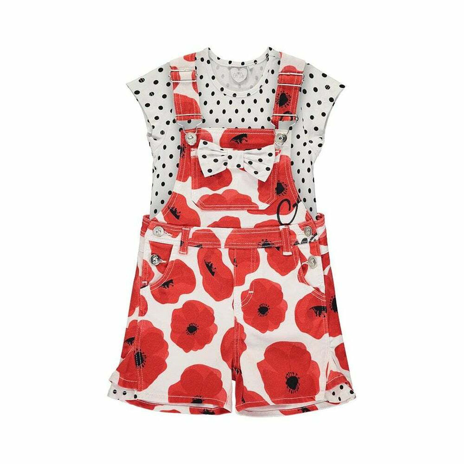 Girls Red & White Poppy Dungaree Set, 1, hi-res