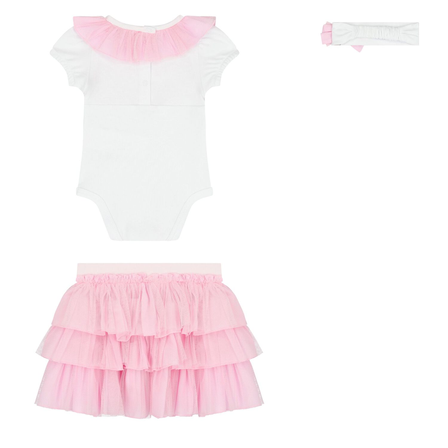 Baby Girls White & Pink Rose Tulle Skirt Set, 1, hi-res