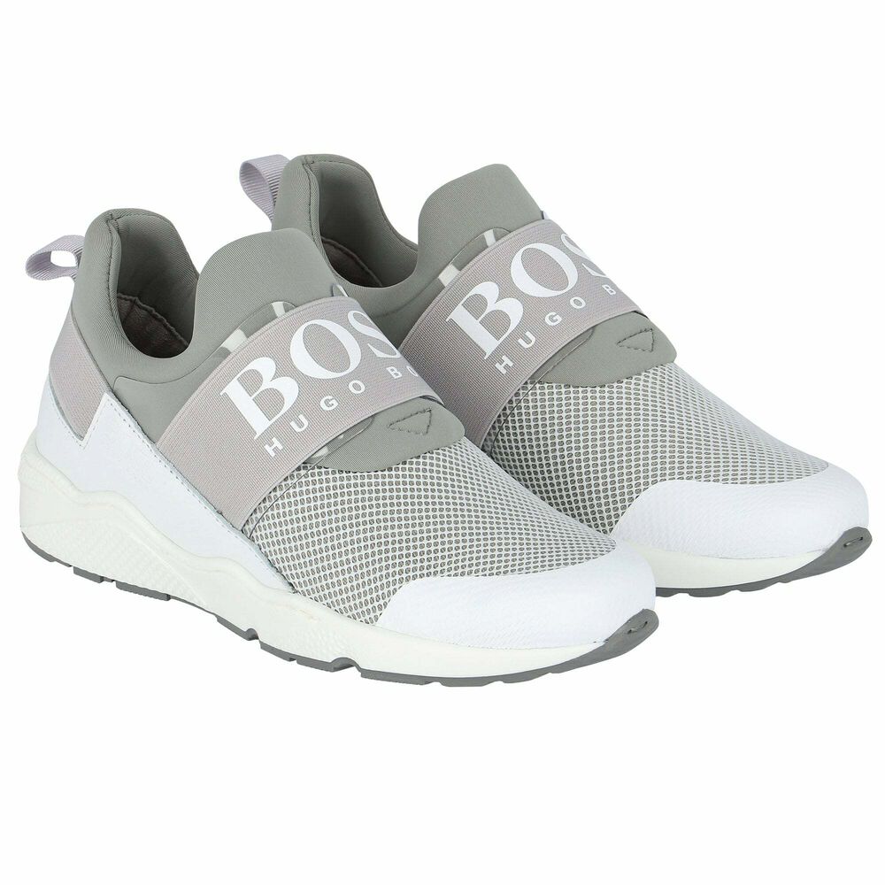 BOSS Boys Grey u0026 White Logo Trainers | Junior Couture UK
