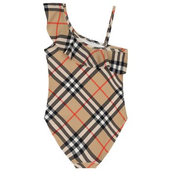 Girls Beige Check Swimsuit