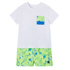 Younger Boys White & Green Shorts Set, 1, hi-res
