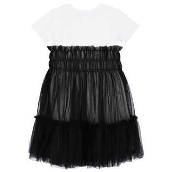 Girls White & Black Logo Tulle Dress