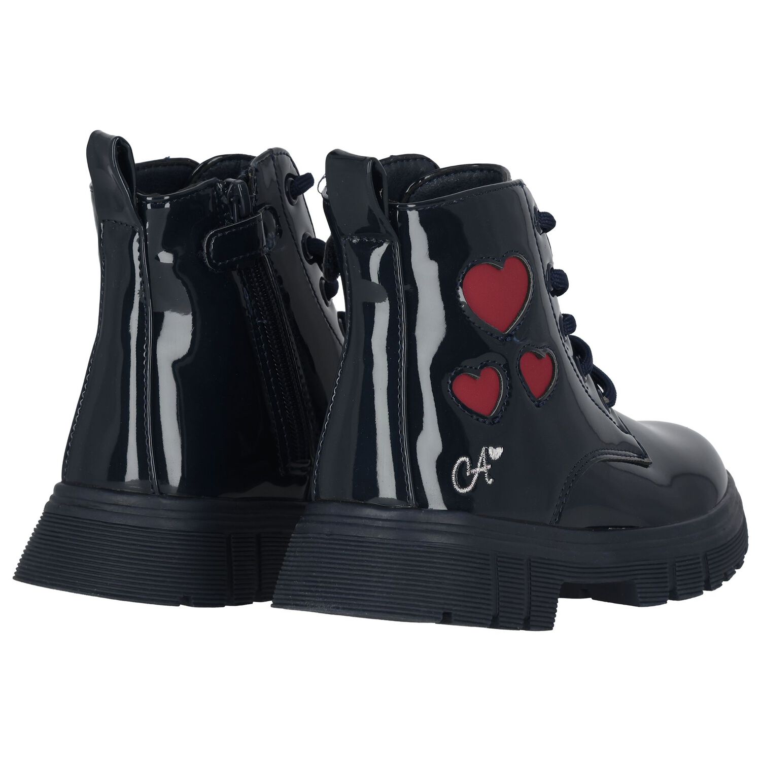 Girls Navy Blue Heart Patent Boots, 1, hi-res