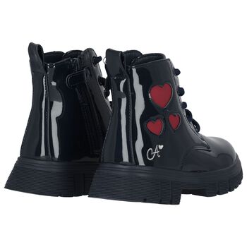 Girls Navy Blue Heart Patent Boots