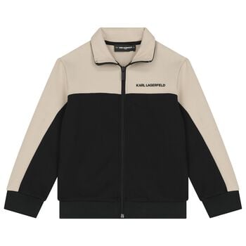 Boys Beige & Black Logo Zip Up Top