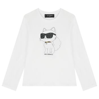 Girls White Choupette Long Sleeve Top 