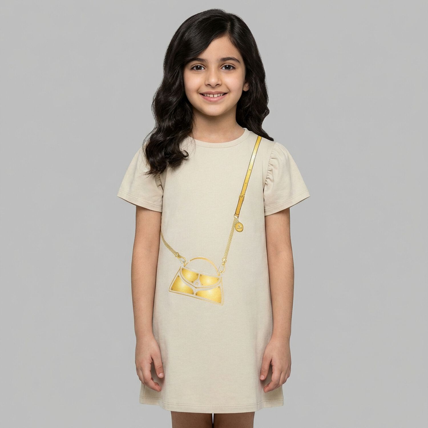 Girls Beige Bag Logo Dress, 2, hi-res