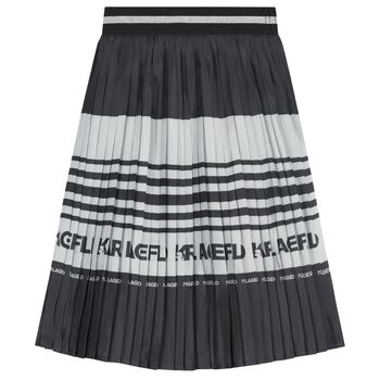 Girls Black & Silver Logo Pleated Skirt