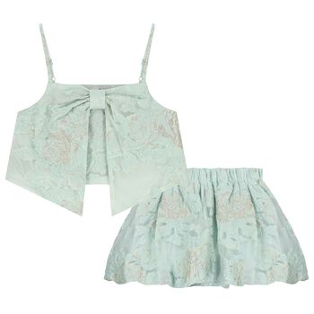 Girls Green Jacquard Skirt Set