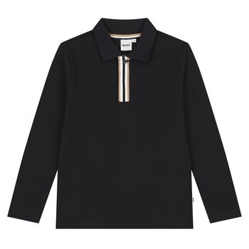 BOSS Boys Black Logo Long Sleeve Polo Shirt, 1 Boys Black Logo Long Sleeve Polo Shirt