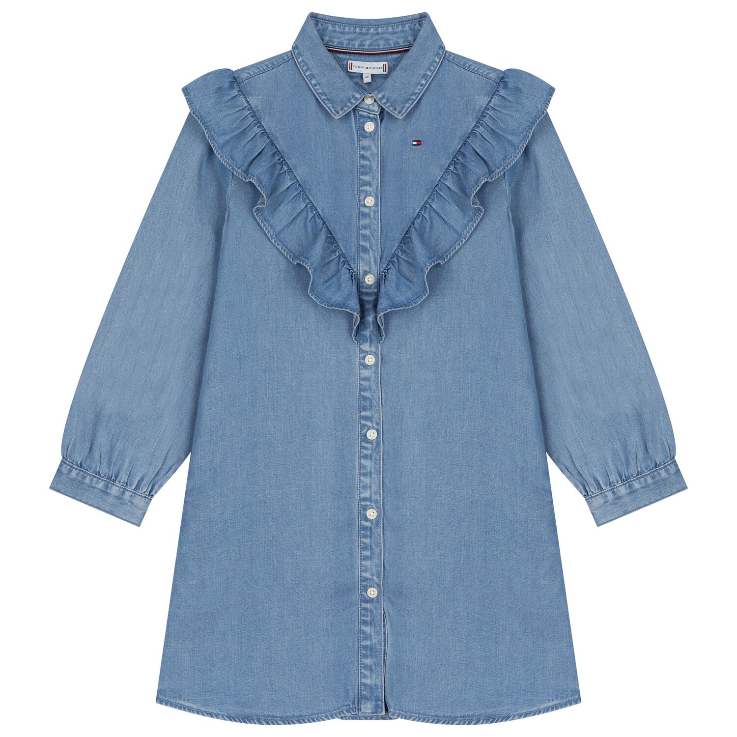 Girls Blue Ruffled Denim Dress, 1, hi-res