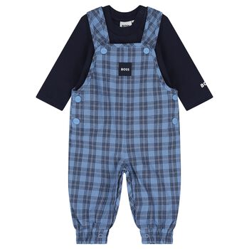 Baby Boys Blue & Navy Blue Dungaree Gift Set
